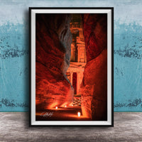 a narrow passage in a cave, with a stone archway leading to a doorway at the end. The passage is illuminated by a warm glow, creating a sense of depth and mystery.