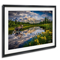 A moose stands in a serene lake, surrounded by lush greenery and towering mountains in the background.