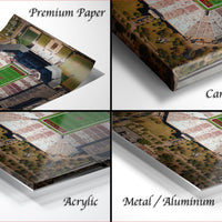 The image is a collage of four different views of a football stadium, each showing a different perspective of the stadium's layout and surrounding area.