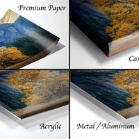 The image is a collage of four different views of a landscape painting, showcasing the artwork in various materials such as premium paper, canvas wrap, acrylic, and metal/aluminum.