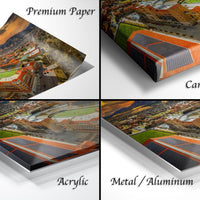 The image is a collage of four different views of a cityscape, each with a distinct perspective and angle. The collage includes a close-up view of the city's buildings, a panoramic view of the city skyline, a close-up view of a building's roof, and a close-up view of a building's facade. The collage is labeled with the words "Premium Paper", "Canvas Wrap", "Acrylic", and "Metal/Aluminum", indicating the materials used for each view.