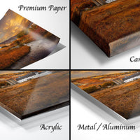 The image is a collage of four photographs depicting a rural landscape with a river, buildings, and trees. The photographs are labeled as "Premium Paper", "Canvas Wrap", "Acrylic", and "Metal/Aluminum".