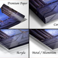 The image is a collage of four photos depicting the Eiffel Tower in Paris, France. The collage includes three close-up views of the iconic landmark and one panoramic view of the tower against a blue sky. The collage is labeled as "Premium Paper", "Canvas Wrap", "Acrylic", and "Metal/Aluminum" to describe the different materials used for the prints.