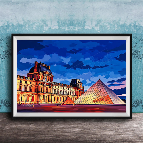 A framed painting depicting the Louvre Museum in Paris, France, with the iconic glass pyramid structure prominently featured against a colorful sky.