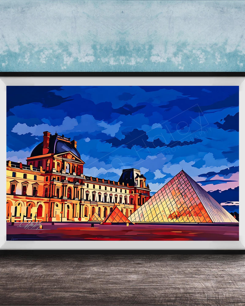 A framed painting depicting the Louvre Museum in Paris, France, with the iconic glass pyramid structure prominently featured against a colorful sky.