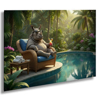 A cartoon rhinoceros sitting in a wicker chair by a pool, surrounded by tropical foliage and flowers.