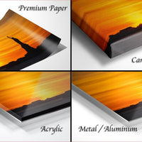 The image is a collage of four different images, each depicting a sunset scene. The images are labeled as "Premium Paper", "Canvas Wrap", "Acrylic", and "Metal/Aluminum".