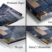 The image is a collage of four different types of printed materials, including a premium paper, a canvas wrap, an acrylic, and a metal/aluminum.