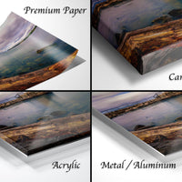 The image is a collage of four different images, each depicting a landscape scene. The images are labeled as "Premium Paper", "Canvas Wrap", "Acrylic", and "Metal/Aluminum".