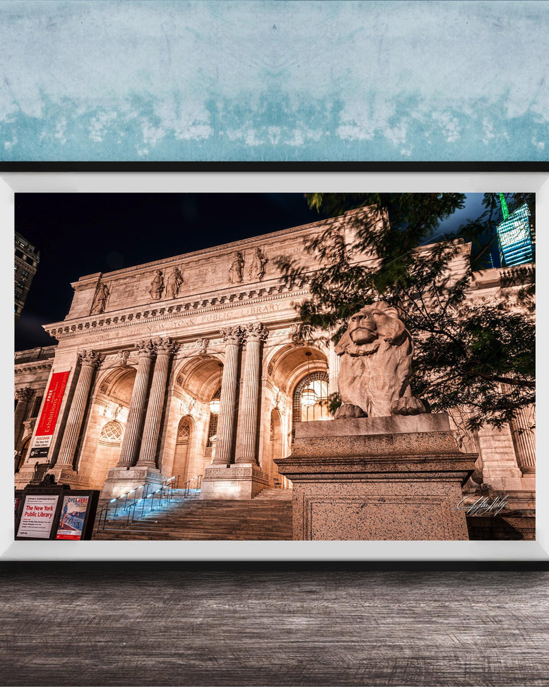 NYC Library Wall Decor – Nighttime Cityscape Art With Moonlit Lion Statues