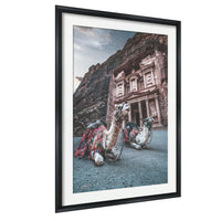 A framed photograph depicting two camels in front of a large, ornate building with a rocky cliff face in the background.