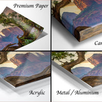 The image is a collage of four different images, each depicting a landscape with a mountain or natural scenery. The images are labeled as "Premium Paper", "Canvas Wrap", "Acrylic", and "Metal/Aluminum".