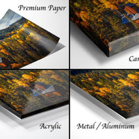 The image is a collage of four different images, each depicting a forest scene with a house. The images are labeled as "Premium Paper", "Canvas Wrap", "Acrylic", and "Metal/Aluminum".