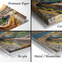 The image is a collage of four different views of a baseball stadium, each with a distinct perspective and angle. The collage includes a close-up view of the stadium, a top-down view, a side view, and a bottom-up view. The images are labeled as "Premium Paper", "Canvas Wrap", "Acrylic", and "Metal/Aluminum" to indicate the materials used for each viewing perspective.