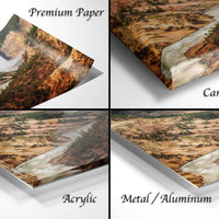 The image is a collage of four different types of print materials, including premium paper, canvas wrap, acrylic, and metal/aluminum.