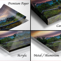 The image is a collage of four different images, each depicting a landscape scene. The images are labeled as "Premium Paper", "Canvas Wrap", "Acrylic", and "Metal/Aluminum".