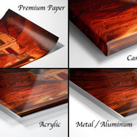 The image is a collage of four different views of a printed artwork, including a close-up of the artwork, a canvas wrap, an acrylic print, and a metal/aluminum print.