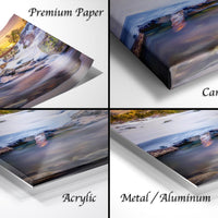 The image is a collage of four different images, each depicting a landscape scene. The images are labeled as "Premium Paper", "Canvas Wrap", "Acrylic", and "Metal/Aluminum".