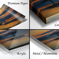 The image is a collage of four different views of a sunset scene, each with a different material or finish. The text labels the images as "Premium Paper", "Canvas Wrap", "Acrylic", and "Metal/Aluminum".