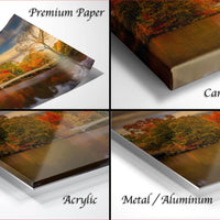 The image is a collage of four different views of a landscape photograph, each with a different finish: "Premium Paper", "Canvas Wrap", "Acrylic", and "Metal/Aluminum".