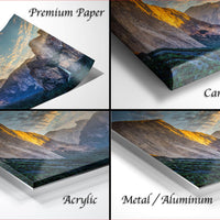 The image is a collage of four different images, each depicting a mountainous landscape. The images are labeled as "Premium Paper", "Canvas Wrap", "Acrylic", and "Metal/Aluminum".