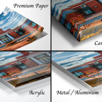 The image is a collage of four different views of a building, each with a different type of paper or material used to print the image.