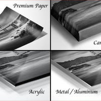 four different views of a black and white photograph of the Golden Gate Bridge, with each view labeled as either "Premium Paper", "Canvas Wrap", "Acrylic", or "Metal/Aluminum".