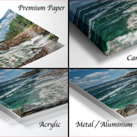The image is a collage of four different images depicting various aspects of the ocean, including waves, cliffs, and the sky.