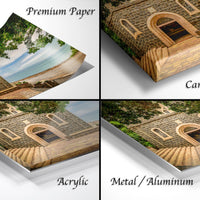 The image is a collage of four different views of a stone building, including a close-up of the entrance, a landscape view, a close-up of the building's facade, and a close-up of the building's roof.