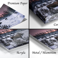 The image is a collage of four photographs depicting a moose in a snowy forest setting, with each photograph labeled as either "Premium Paper", "Canvas Wrap", "Acrylic", or "Metal/Aluminum".