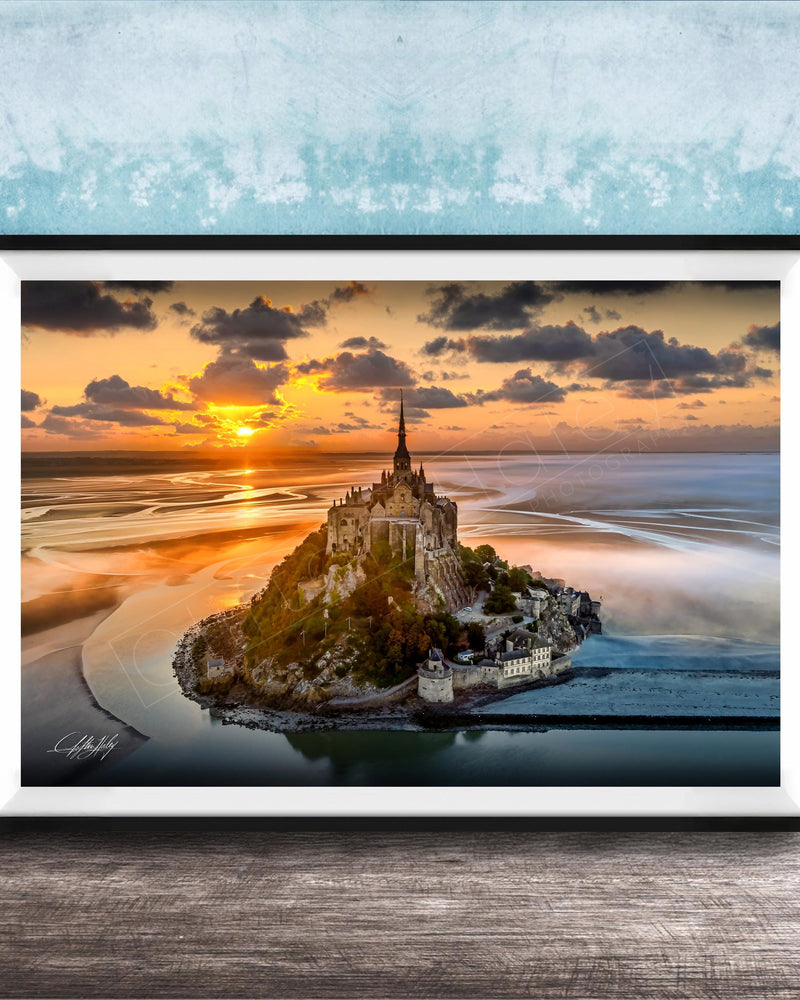 Mont Saint-Michel Poster, Normandy Coastal Art | Sunrise Fog Print