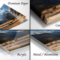 four different views of a landscape photograph, including a close-up of the photograph, a canvas wrap, an acrylic print, and a metal/aluminum print.