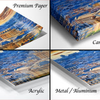 The image is a collage of four different views of a cityscape, each with a distinct artistic style and medium. The collage includes a close-up of a painting, a printed canvas wrap, and a metal or aluminum print.