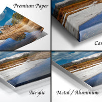 The image is a collage of four different images, each depicting a landscape scene. The images are labeled as "Premium Paper", "Canvas Wrap", "Acrylic", and "Metal/Aluminum".