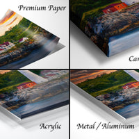 The image is a collage of four different views of a lighthouse, with each view presented in a different medium: acrylic, metal, and canvas wrap.