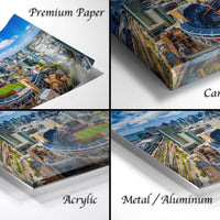 The image is a collage of four different views of a city, including a top-down view, a side view, a front view, and a close-up view of the city's skyline.