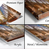 The image is a collage of four different views of a cathedral, each with a distinct perspective and angle. The images are labeled as "Premium Paper", "Canvas Wrap", "Acrylic", and "Metal/Aluminum".