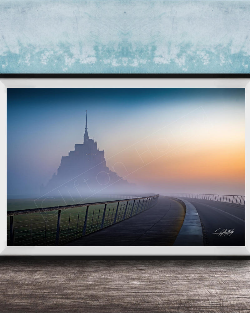 a serene landscape with a castle in the distance, surrounded by a misty atmosphere.