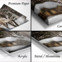 The image is a collage of four different close-up views of a snowy landscape, each with a different frame type: "Premium Paper", "Canvas Wrap", "Acrylic", and "Metal/Aluminum".