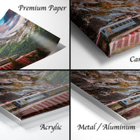 The image is a collage of four different print options for a landscape photograph of a train on a mountain. The print options include "Premium Paper", "Canvas Wrap", "Acrylic", and "Metal/Aluminum".