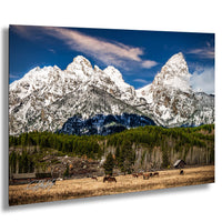 A picturesque mountain landscape with snow-capped peaks, a lush green forest, and a herd of horses grazing in the foreground.