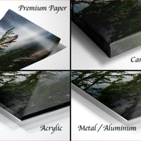 The image is a collage of four photos depicting different types of paper used for printing, including premium paper, canvas wrap, acrylic, and metal/aluminum.