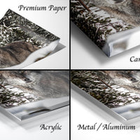 The image is a collage of four different views of a wolf in a snowy forest, each with a different material or finish, including acrylic, metal, and aluminum.