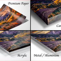 The image is a collage of four different images, each depicting a landscape with mountains and trees. The images are labeled as "Premium Paper", "Canvas Wrap", "Acrylic", and "Metal/Aluminum".