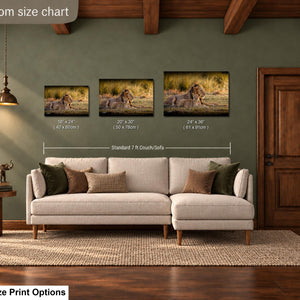 a living room with a large couch, a wooden door, and a lamp. There are three framed photographs of animals displayed on the wall above the couch, and the couch is positioned in front of the wall. The image also includes text that provides information about the living room size chart and medium size print options.