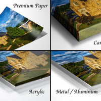 The image is a collage of four different views of a stone building, including a close-up of the building, a landscape view, a side view, and a top-down view.
