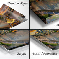 four different views of a cityscape, including a close-up of a bridge, a panoramic view of the city, and a close-up of a river. The text labels the different views as "Premium Paper", "Canvas Wrap", "Acrylic", and "Metal/Aluminum".