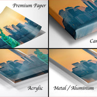 The image is a collage of four different views of a cityscape, including the Statue of Liberty, with the city's skyline and iconic landmarks.