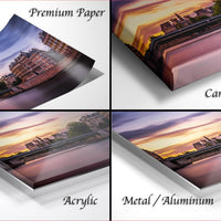 The image is a collage of four different views of a sunset over a cityscape, with each view presented in a different medium: acrylic, metal, and canvas wrap.