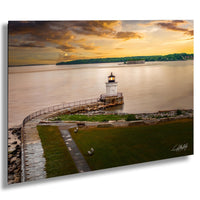 Portland Maine lighthouse art, Bug Light coastal print, Maine sunset wall decor, Casco Bay photography, New England seascape art, lighthouse fine art, golden hour ocean print, coastal home décor, maritime landscape photo, nautical wall artwork, serene harbor scene, Maine travel décor, oceanfront sunset art, harbor lighthouse print
